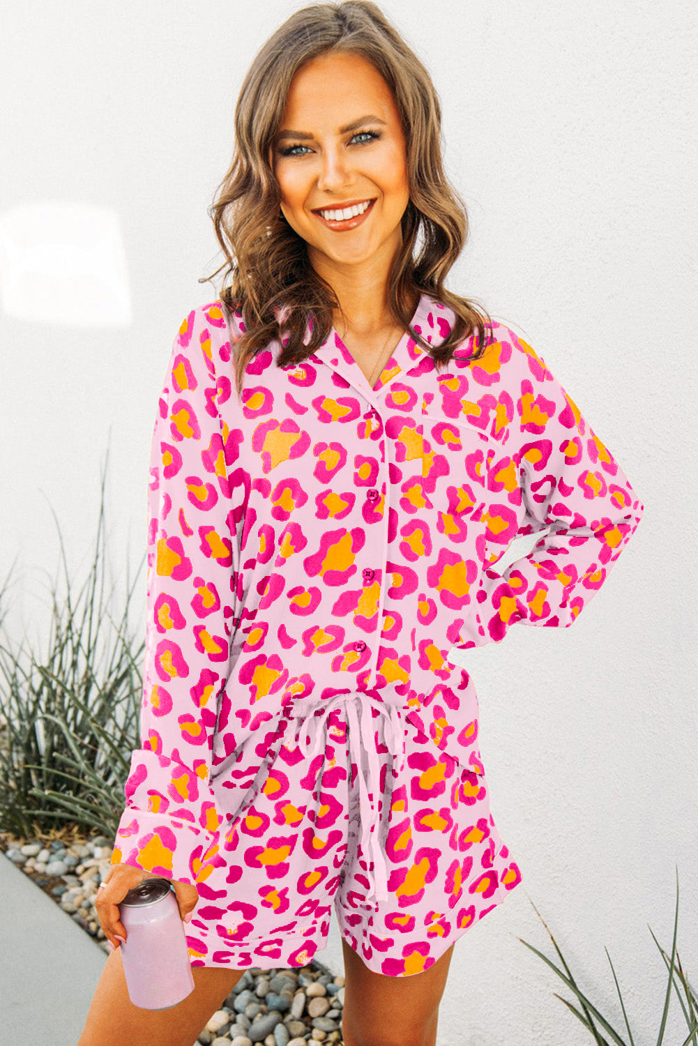 Pink Leopard Print Long Sleeve Shirt and Shorts Pajama Set - Little Miss Vanilla