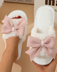 White Bow Knot Decor Open Toe Plush Slippers