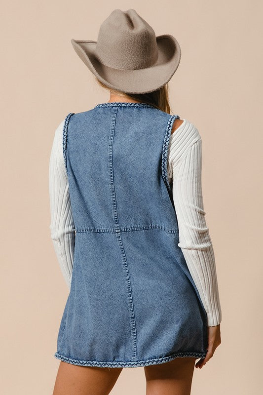 BiBi Braided Trim Open Front Denim Vest with Pockets - Little Miss Vanilla