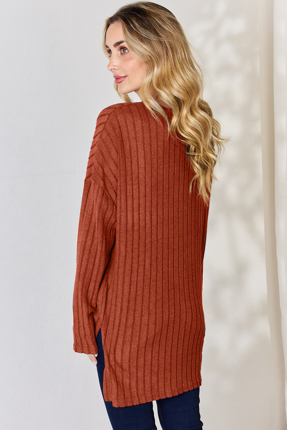 Basic Bae Full Size Ribbed Half Button Long Sleeve High-Low T-Shirt - Little Miss Vanilla