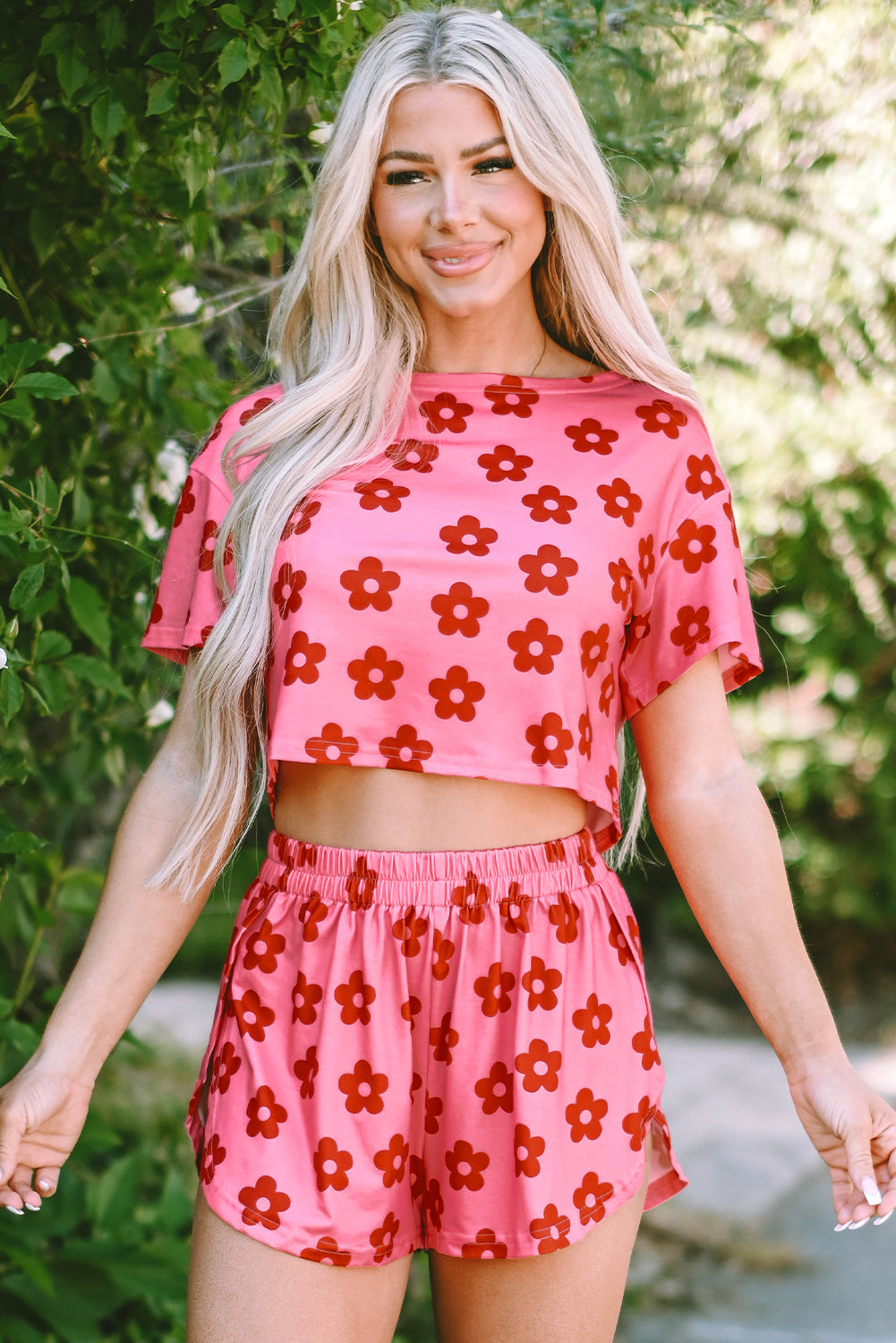 Rose Floral Print Crop Tee and Shorts Lounge Set - Little Miss Vanilla