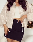 Apricot Sequin Zip up Round Neck Long Sleeve Jacket