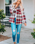 Fiery Red Geometric Plaid Print Pocketed Shacket