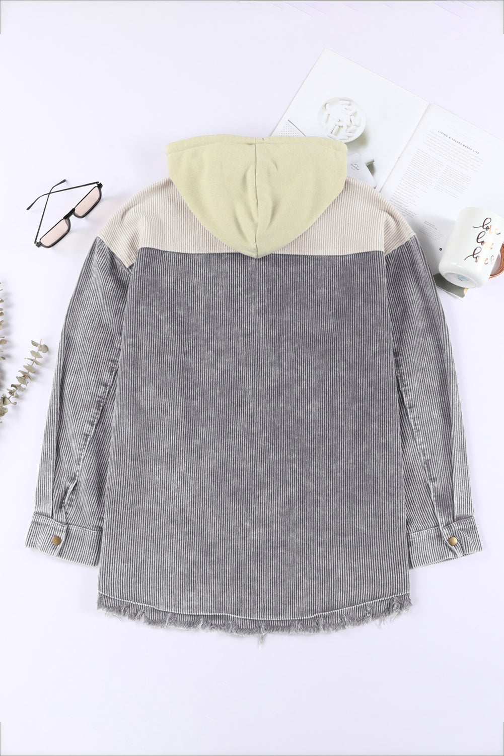 Gray Color Block Button Down Hooded Corduroy Jacket - Little Miss Vanilla