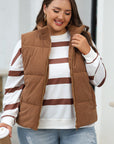 Coffee Corduroy Stand Neck Zipped Puffer Vest