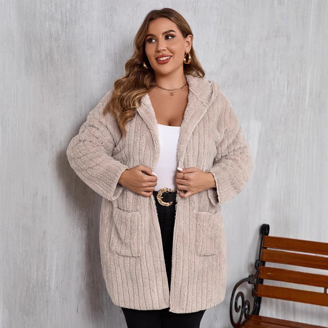 Plus Size Open Front Long Sleeve Hooded Fuzzy Jacket - Little Miss Vanilla