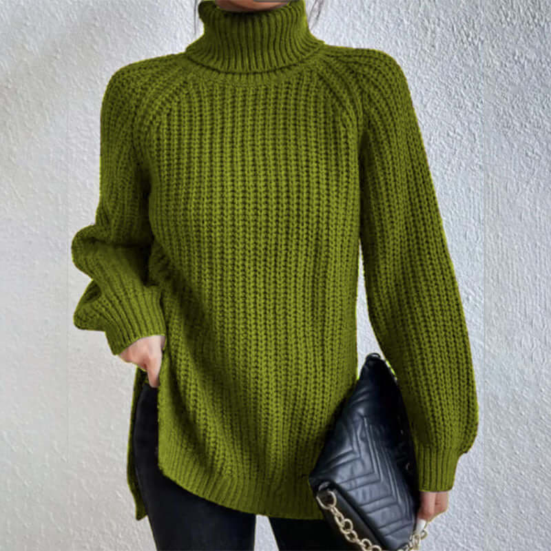 Turtleneck Pullover Sweater With Split Design Fashion Simple Solid Color Long Sleeve Tops Women&#39;s Clothing