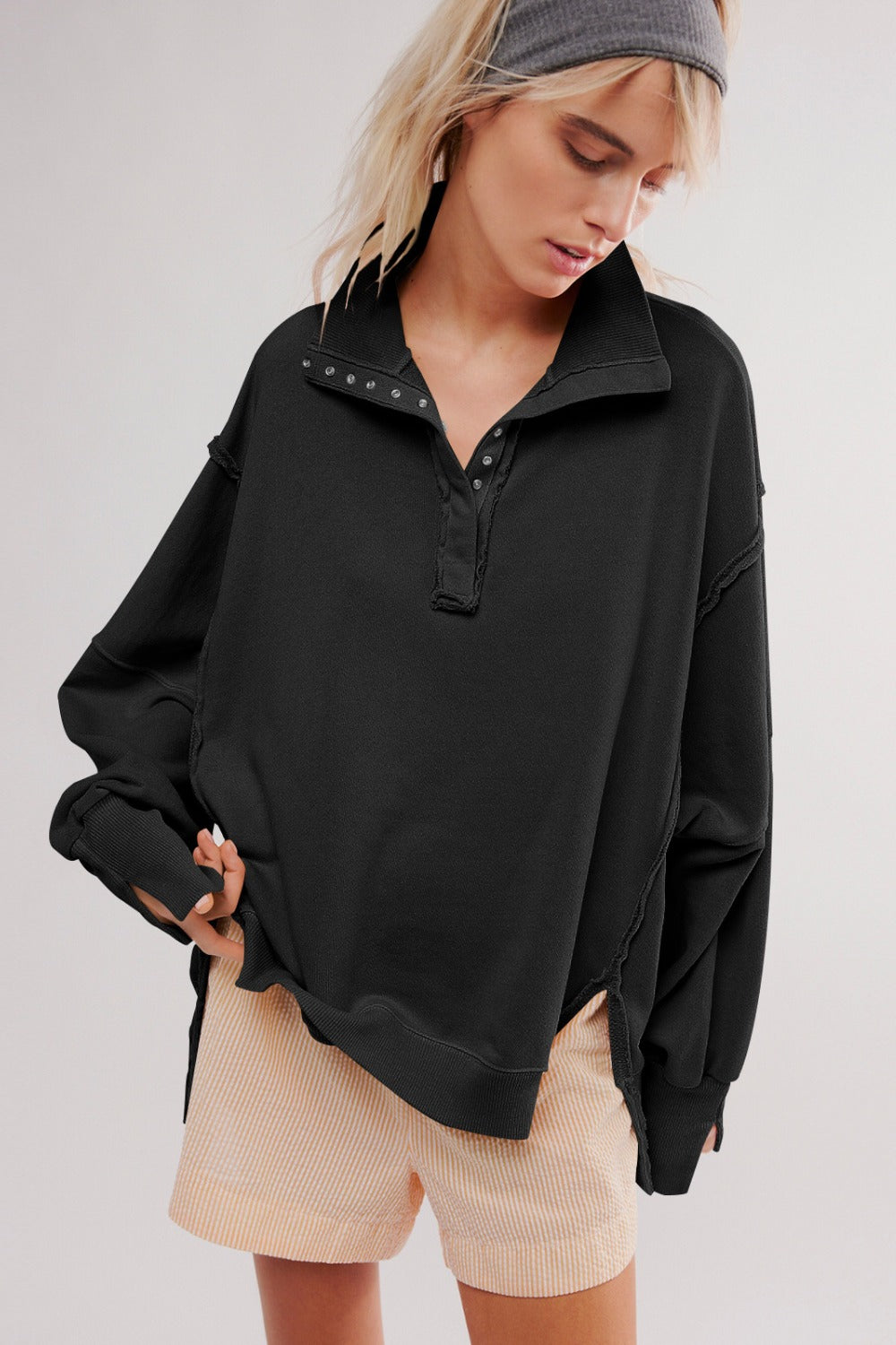 Exposed Seam Side Slit Long Sleeve Sweatshirt - Little Miss Vanilla