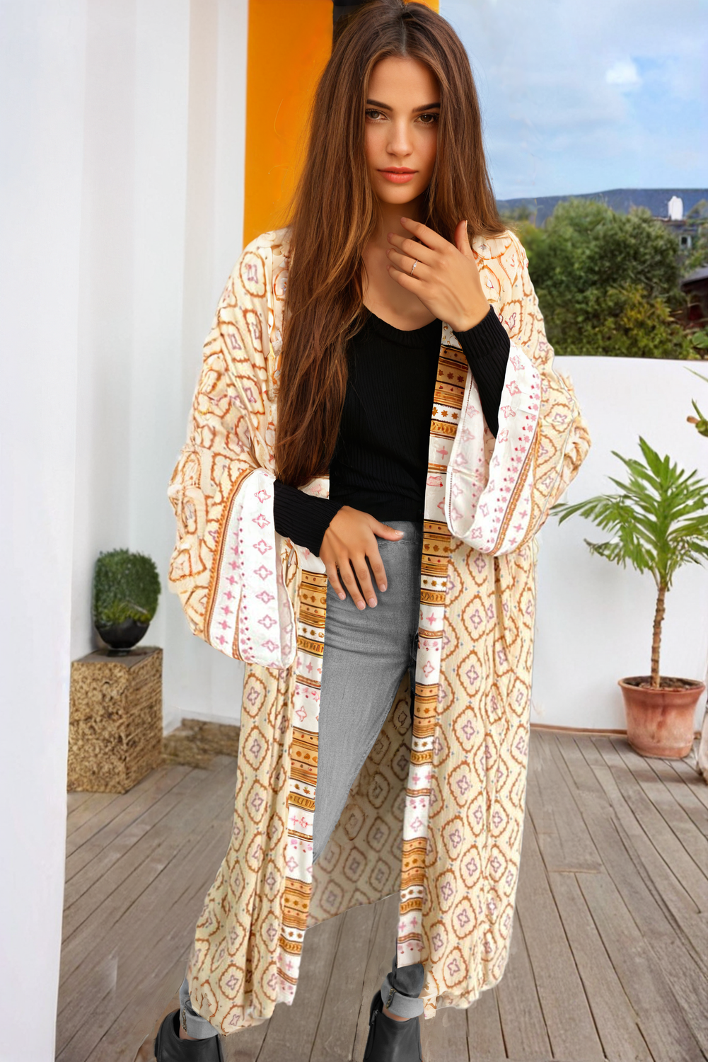 Yellow Bohemian Geometric Printed Loose Sleeve Long Kimono - Little Miss Vanilla