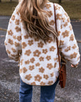 Light French Beige Cute Flower Pattern Button Up Fleece Jacket