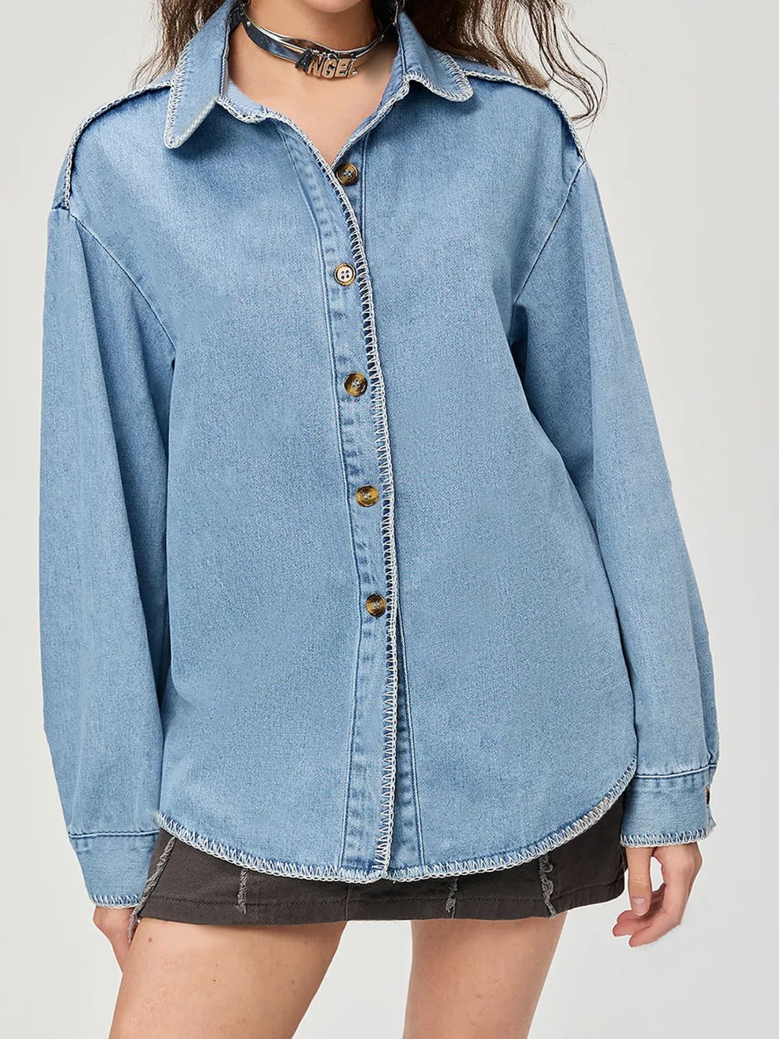 Button Up Collared Neck Denim Top - Little Miss Vanilla