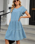 Tiered Round Neck Short Sleeve Denim Dress - Little Miss Vanilla