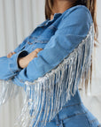 Fringe Half Button Long Sleeve Denim Jumpsuit - Little Miss Vanilla