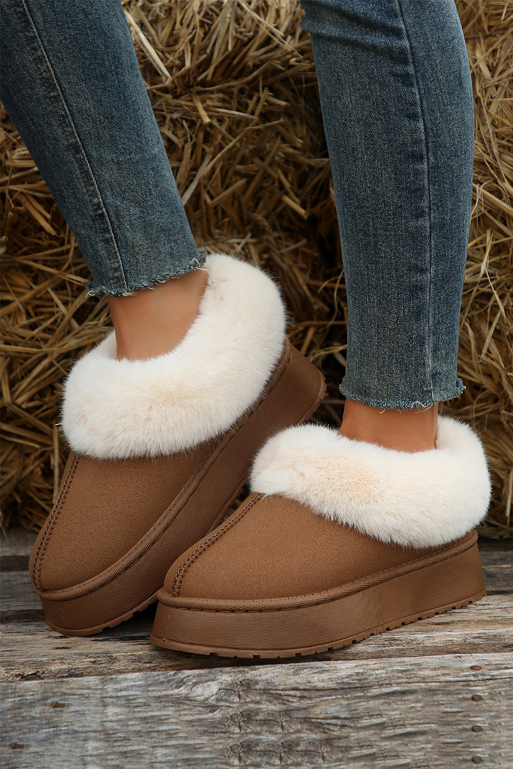 Chestnut Plush Suede Trim Thick Sole Flat Snow Boots - Little Miss Vanilla