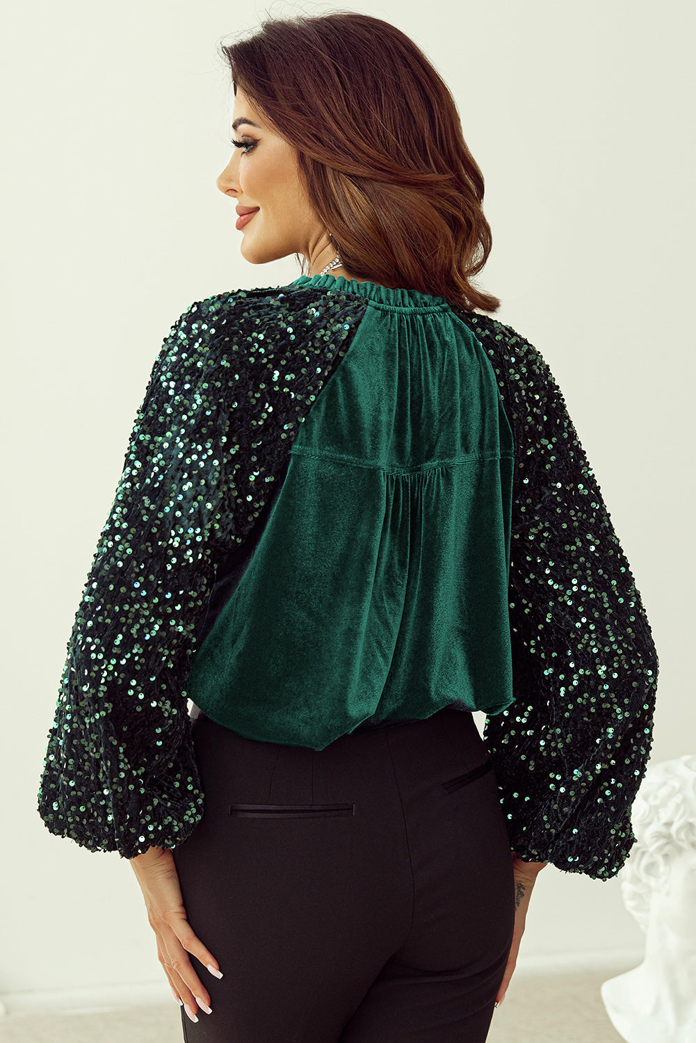 Sequin Notched Long Sleeve Blouse - Little Miss Vanilla