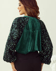 Sequin Notched Long Sleeve Blouse - Little Miss Vanilla