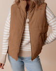 Coffee Corduroy Stand Neck Zipped Puffer Vest