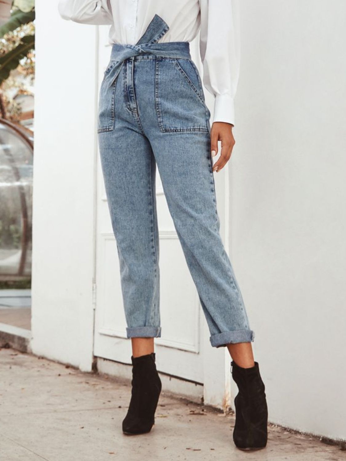 Tied Straight Leg Jeans with Pockets - Little Miss Vanilla