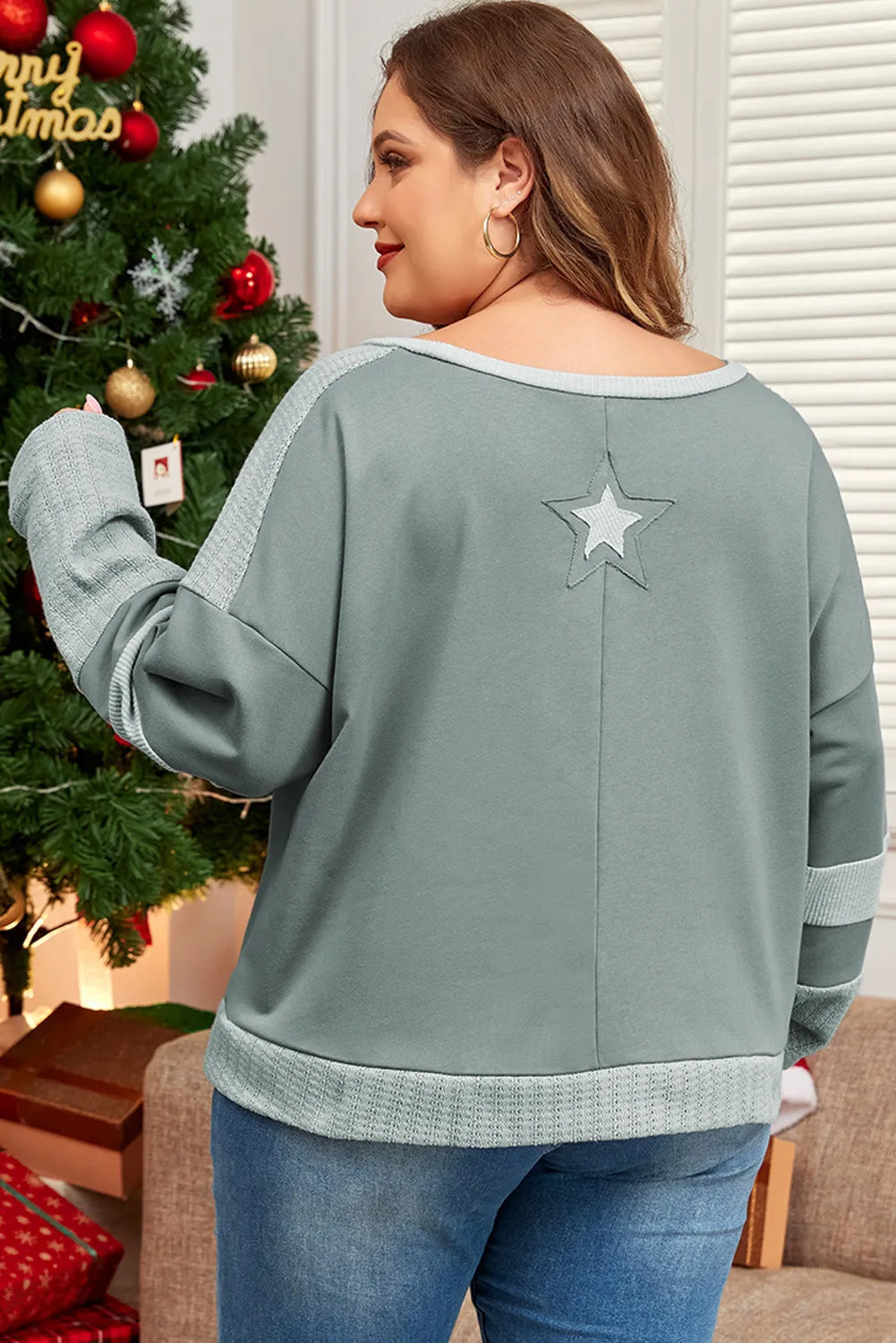 Plus Size Star Round Neck Long Sleeve Top - Little Miss Vanilla