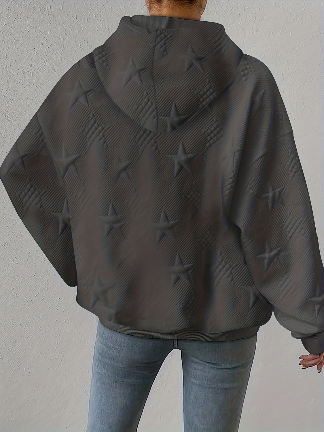 Plus Size Star Texture Long Sleeve Drawstring Hoodie - Little Miss Vanilla