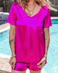 Bright Pink Satin V Neck Tee and Drawstring Shorts Set - Little Miss Vanilla