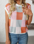 Mandy Checkered Round Neck Cap Sleeve Knit Top - Little Miss Vanilla