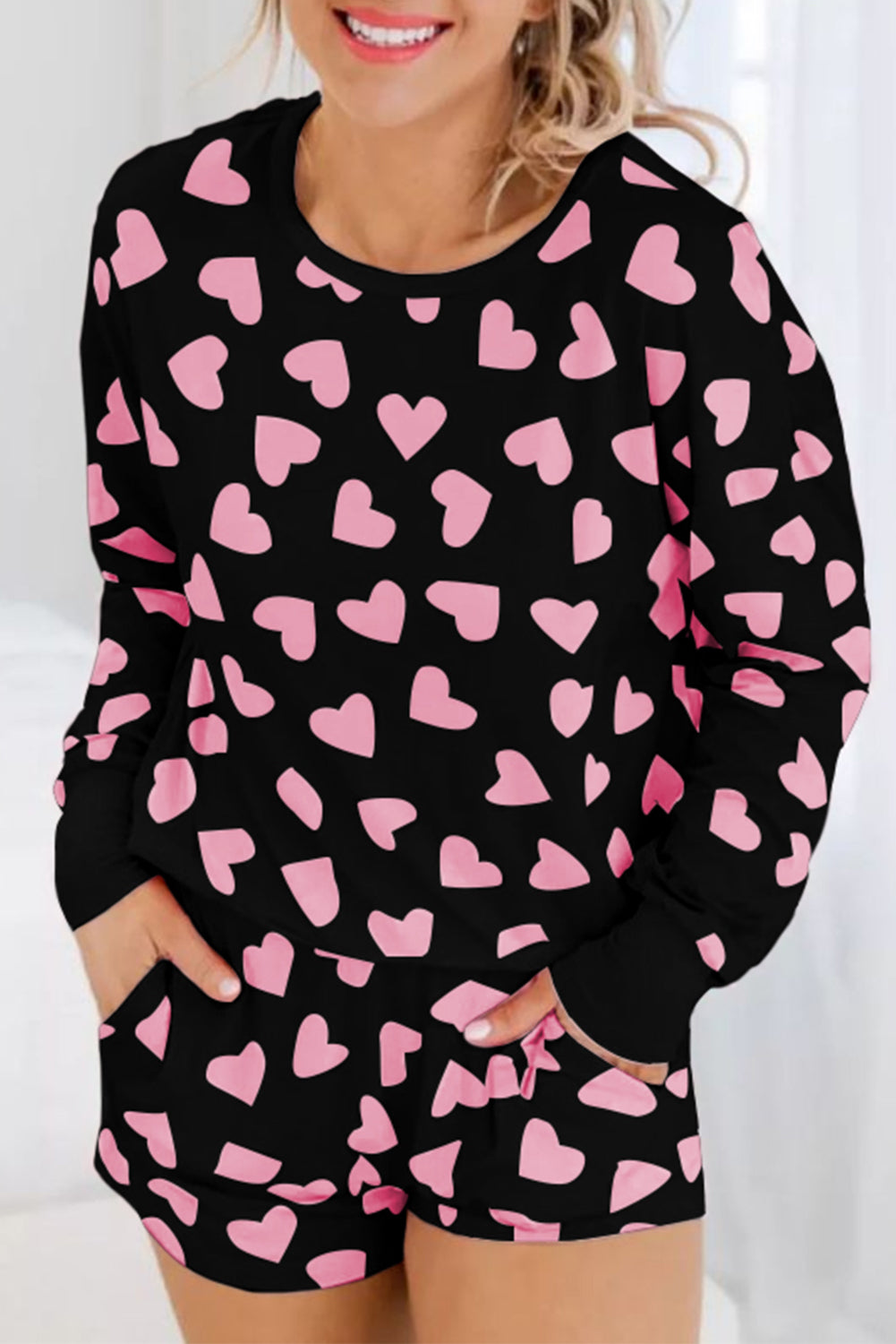 Black Valentine Heart Shape Print Long Sleeve Top Shorts Lounge Set - Little Miss Vanilla