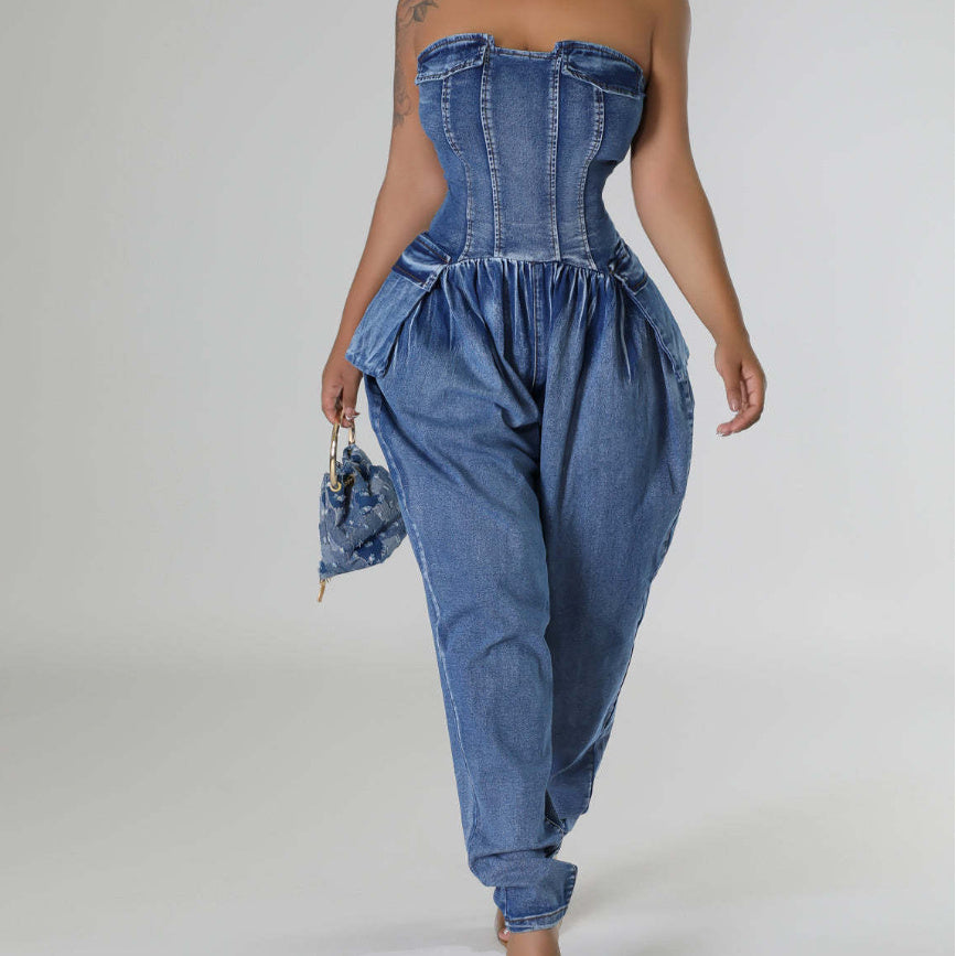 Women's Tube Top High Elastic Fashion Denim Jumpsuit - Little Miss Vanilla