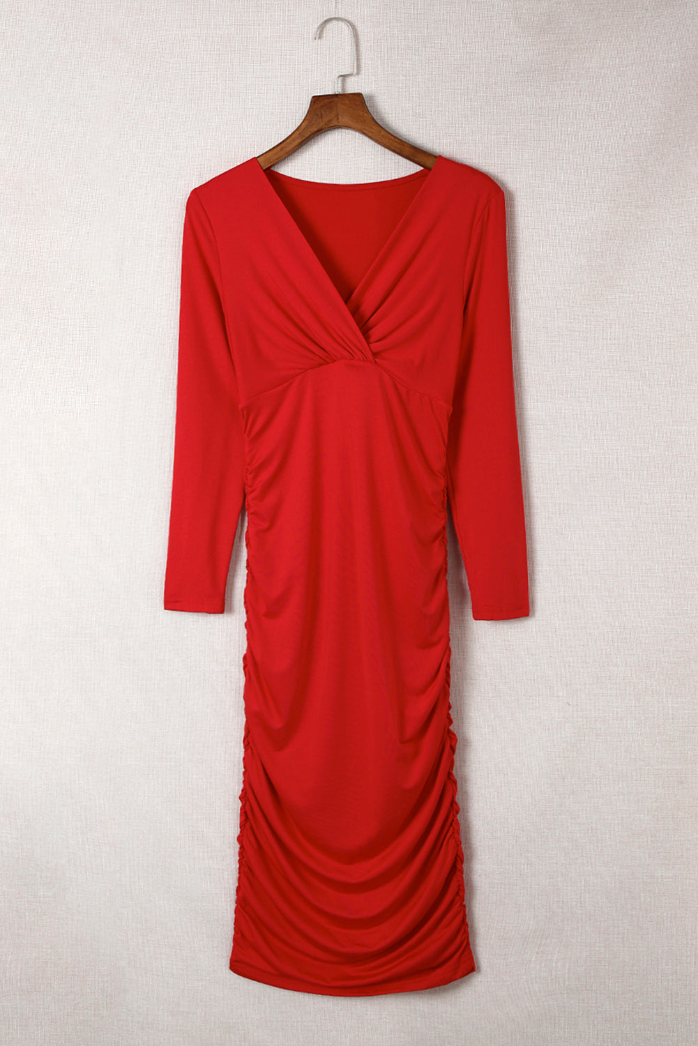 Fiery Red Long Sleeves Wrap V Neck Ruched Sheath Bodycon Dress - Little Miss Vanilla