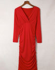 Fiery Red Long Sleeves Wrap V Neck Ruched Sheath Bodycon Dress - Little Miss Vanilla