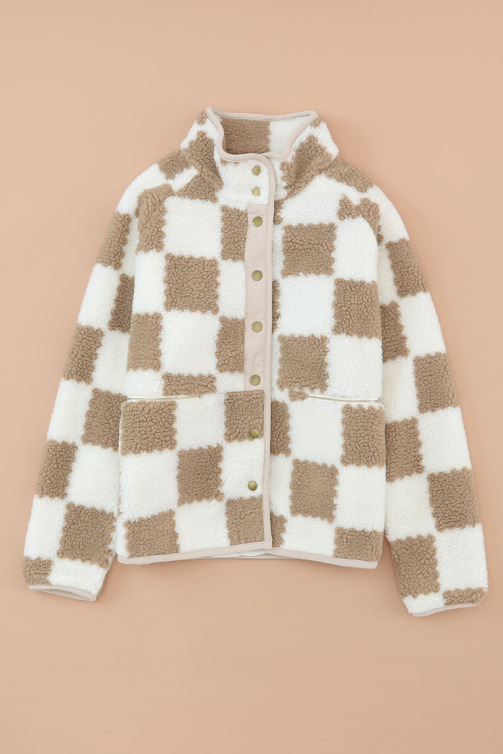 Brown Checked Snap Button Sherpa Jacket - Little Miss Vanilla