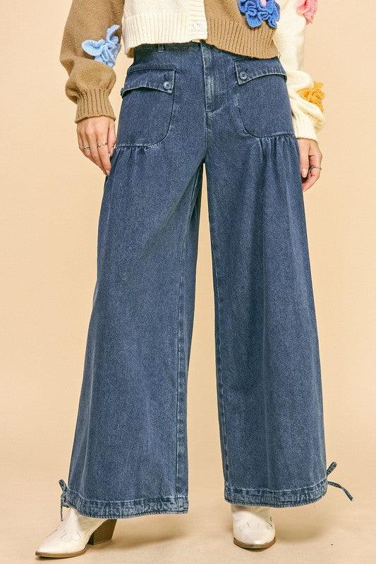 Davi & Dani Drawstring Hem Wide Leg Mid Rise Jeans - Little Miss Vanilla