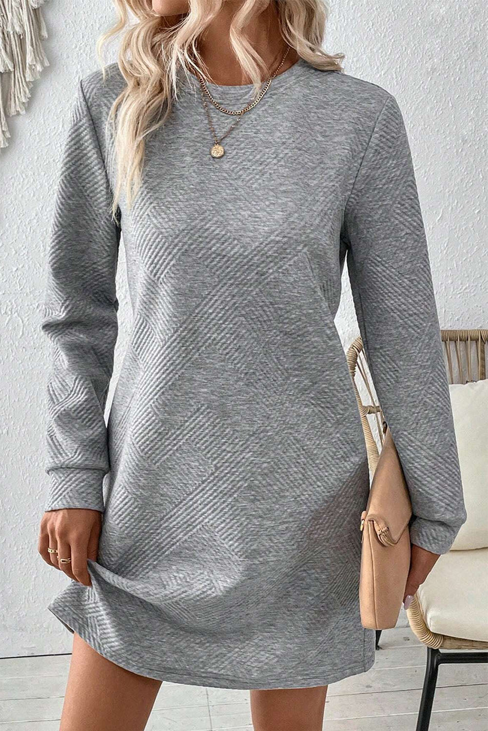 Gray Solid Color Textured Long Sleeve Shift Dress - Little Miss Vanilla