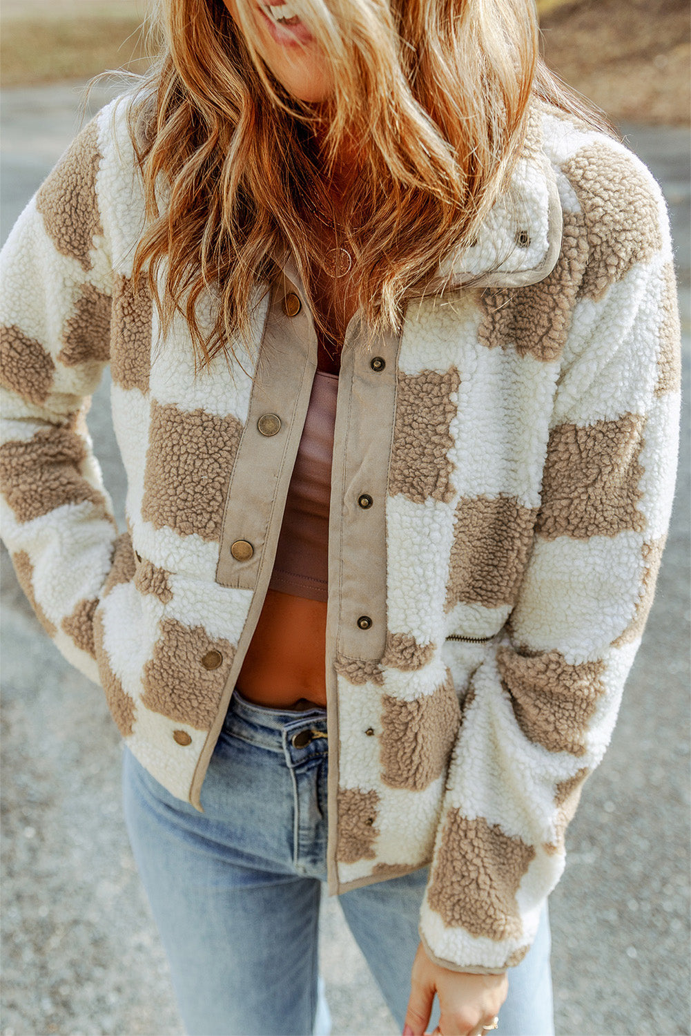 Brown Checked Snap Button Sherpa Jacket - Little Miss Vanilla