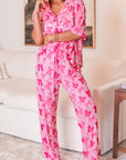 Pink Bow Knot Print Lapel Collar Short Sleeve and Pants Pajamas Set - Little Miss Vanilla