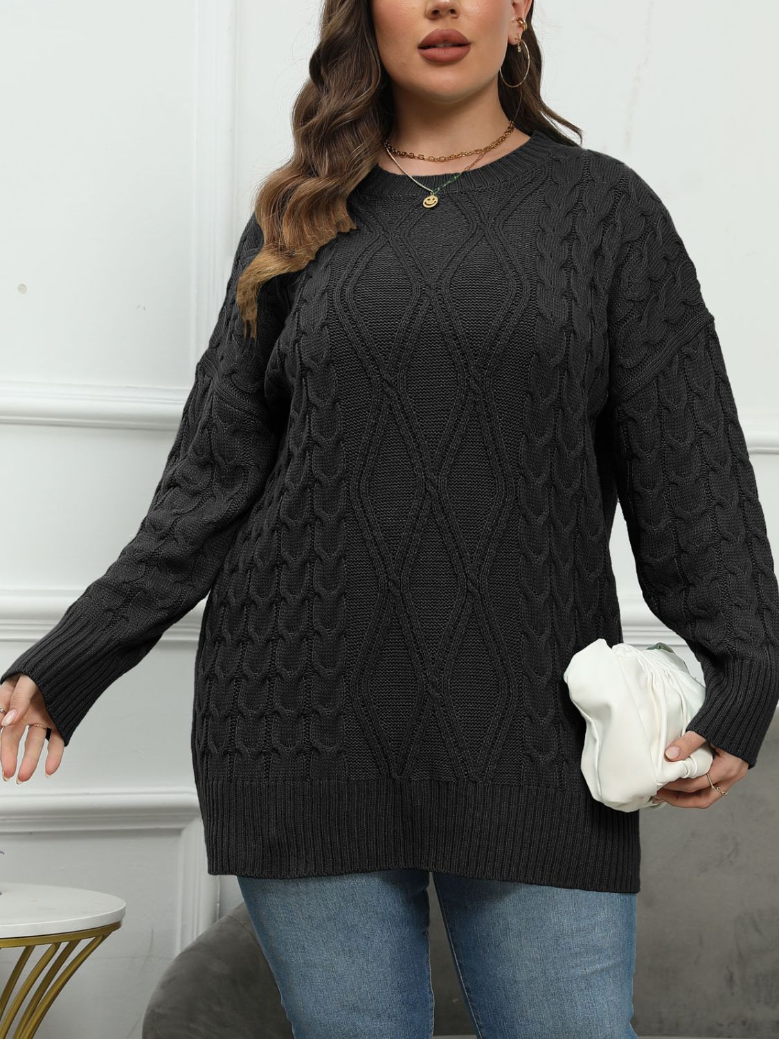 Plus Size Round Neck Long Sleeve Sweater - Little Miss Vanilla