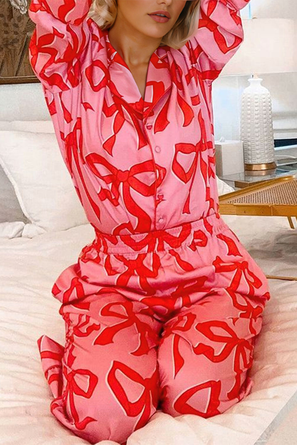 Pink 2pcs Bow Print Shirt Style Long Sleeve Pajama Set - Little Miss Vanilla