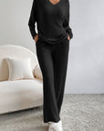 Black Ribbed Knit V Neck Slouchy Two-piece Outfit - Little Miss Vanilla