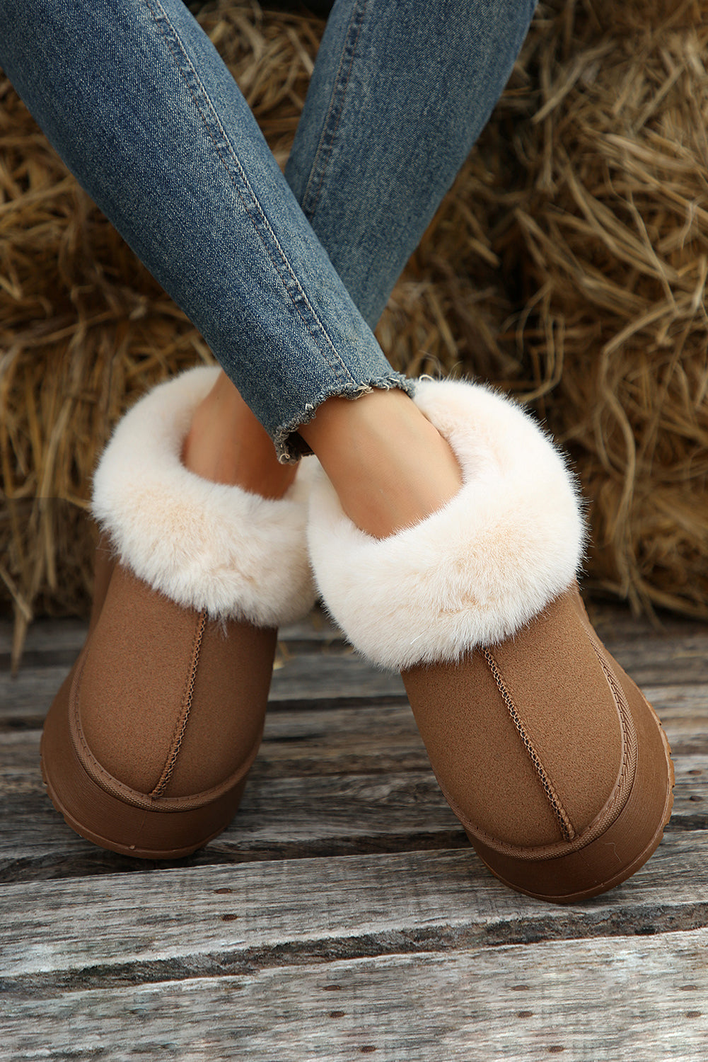 Chestnut Plush Suede Trim Thick Sole Flat Snow Boots - Little Miss Vanilla