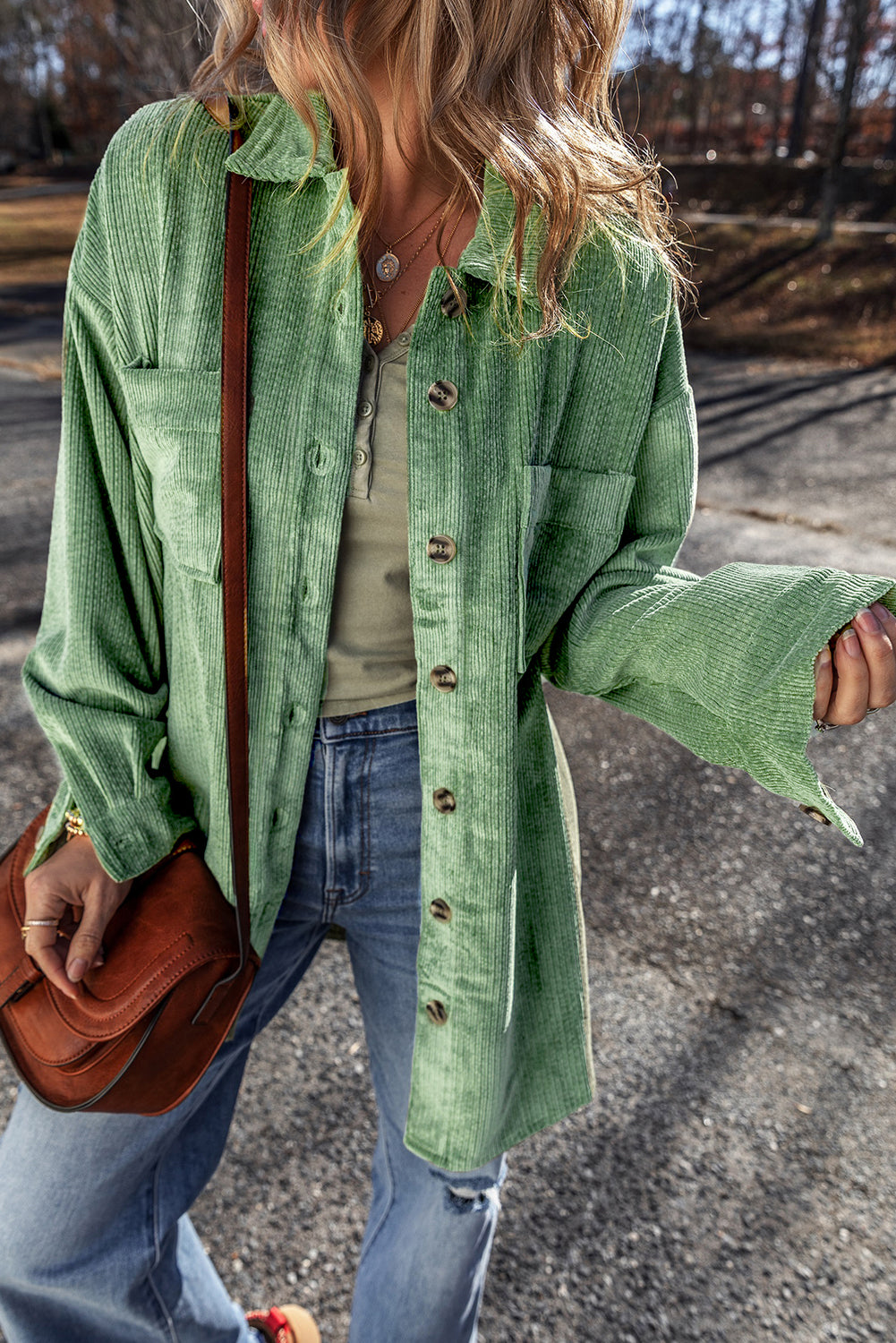 Mist Green Patched Pocket Button Up Corduroy Shacket - Little Miss Vanilla