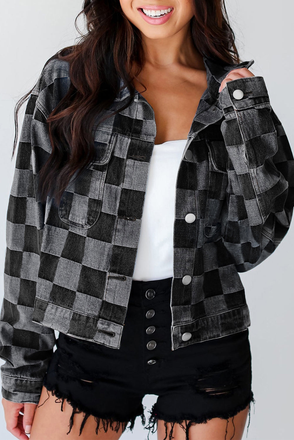 Checkered Button Up Denim Jacket - Little Miss Vanilla