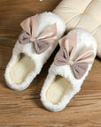 White Contrast Bowknot Applique Plush Winter Slippers (Bow Colors May Differ by Batch)