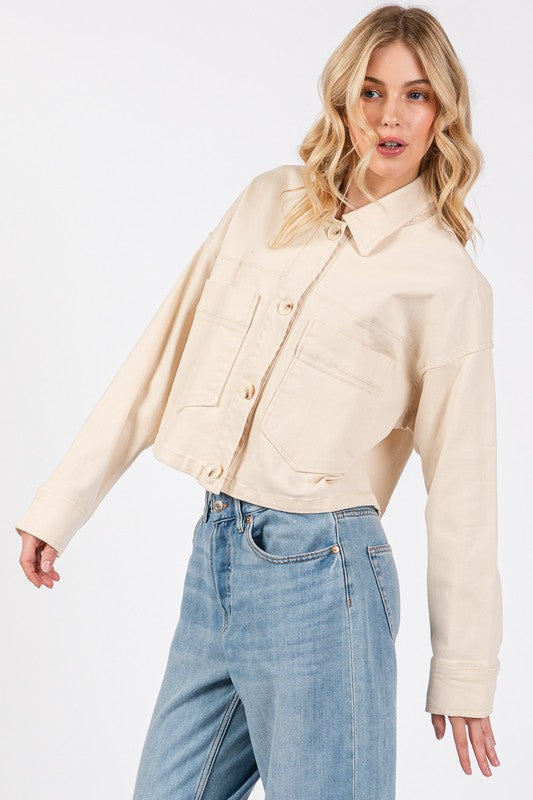 bytos Button Down Cropped Denim Jacket with Patch Pockets - Little Miss Vanilla