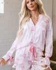 Pink Satin Bow Bell Sleeve Shirt and Ruffled Shorts Pajama Set