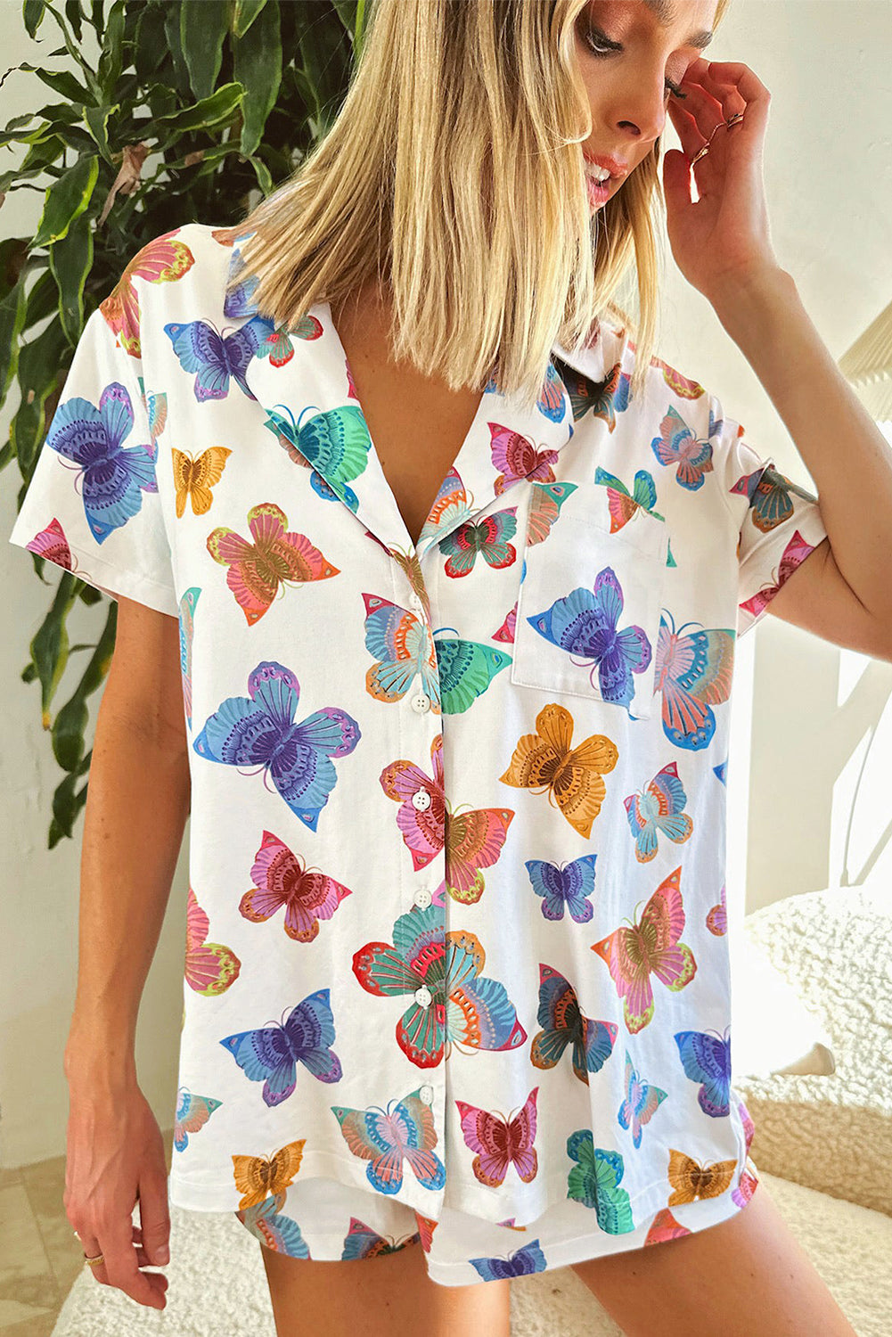 Multicolour Butterfly Pattern Short Sleeve Shirt Pajamas Set - Little Miss Vanilla