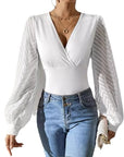 Women's Chiffon Stitching Solid Color Knitted Deep V Long Sleeve Top