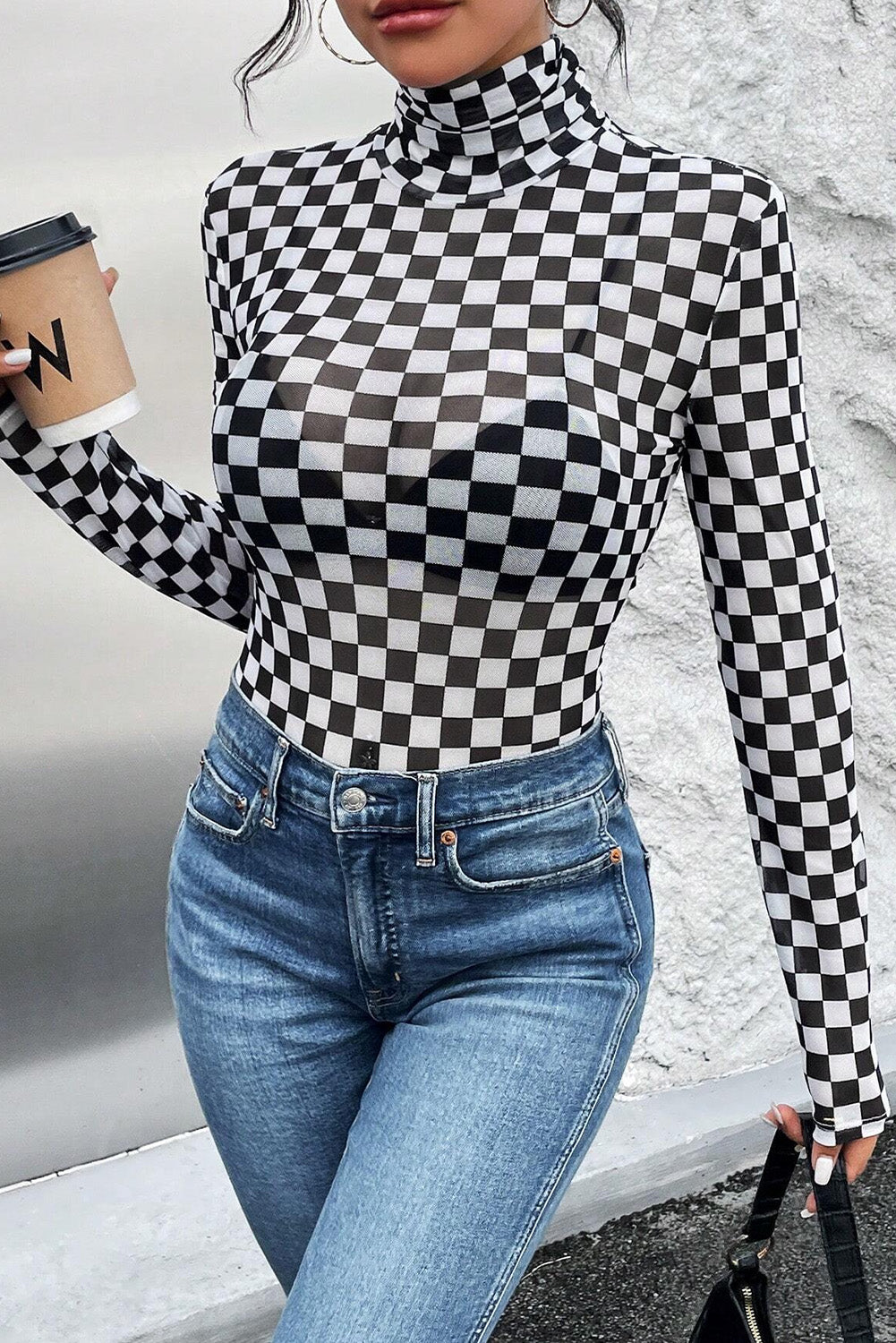 Black Checkered Printed Long Sleeve High Neck Bodysuit - Little Miss Vanilla