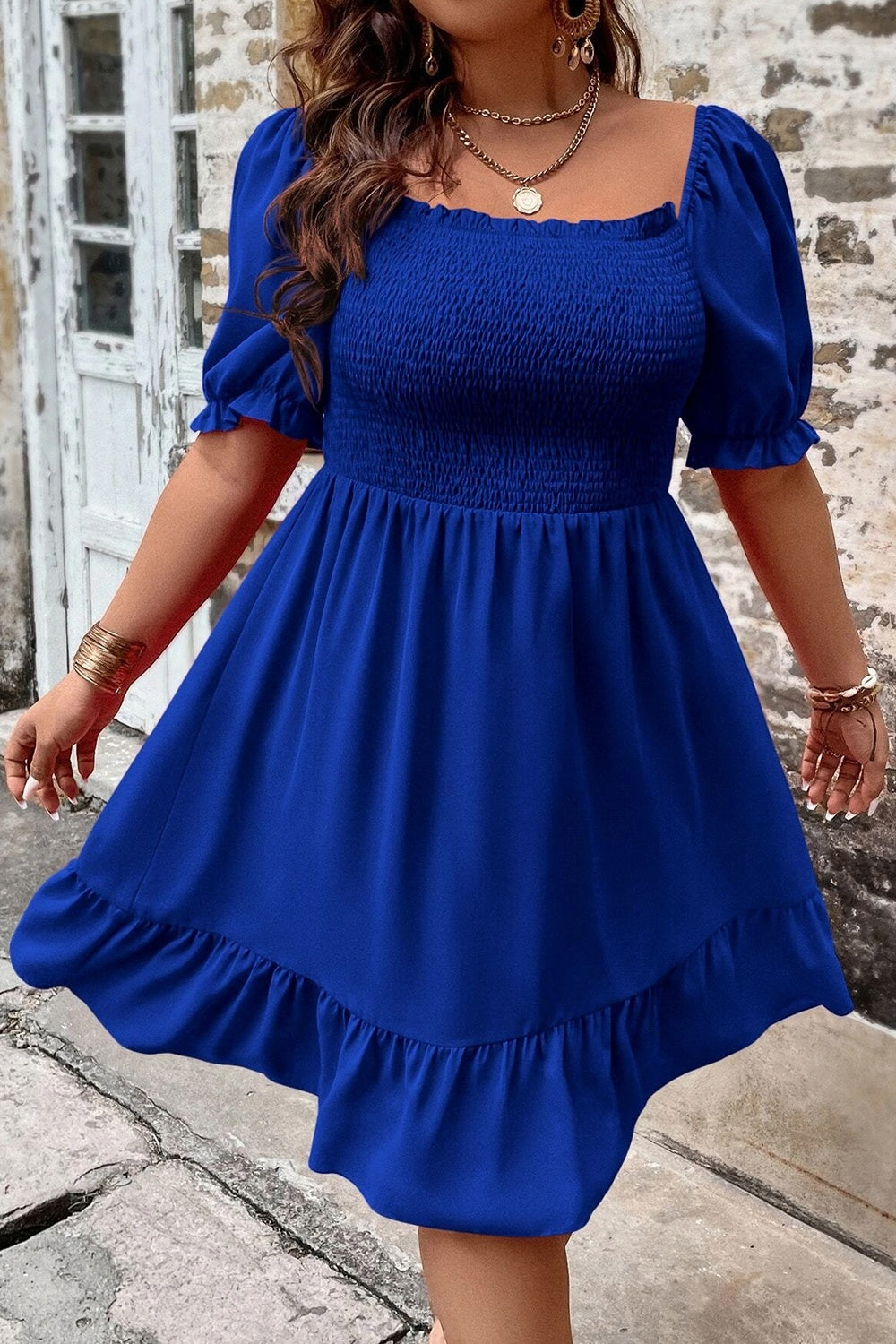 Plus Size Smocked Square Neck Short Sleeve Dress - Little Miss Vanilla