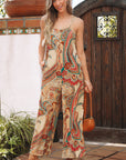 Red Paisley Printed Spaghetti Straps Elegant Wide Leg Jumpsuit