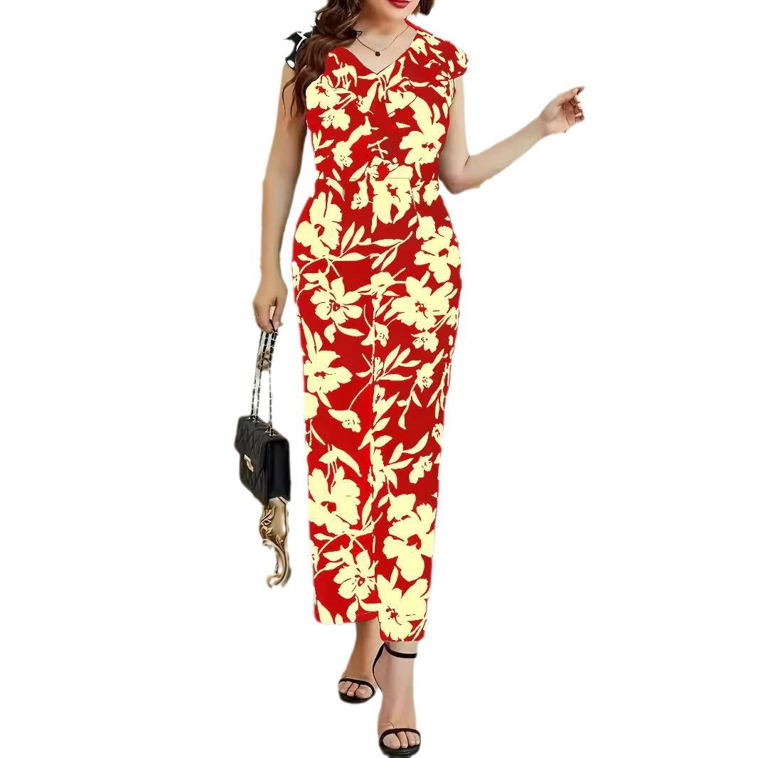 Fashion Floral Women's Printed Wear Sleeveless V-neck Pocket Jumpsuit - Little Miss Vanilla